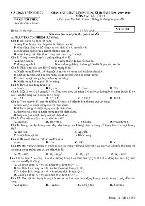 Đề khảo sát chất lượng học kỳ II môn Vật lý Lớp 10 - Mã đề 188 - Năm học 2019-2020 - Sở giáo dục và đào Vĩnh Phúc